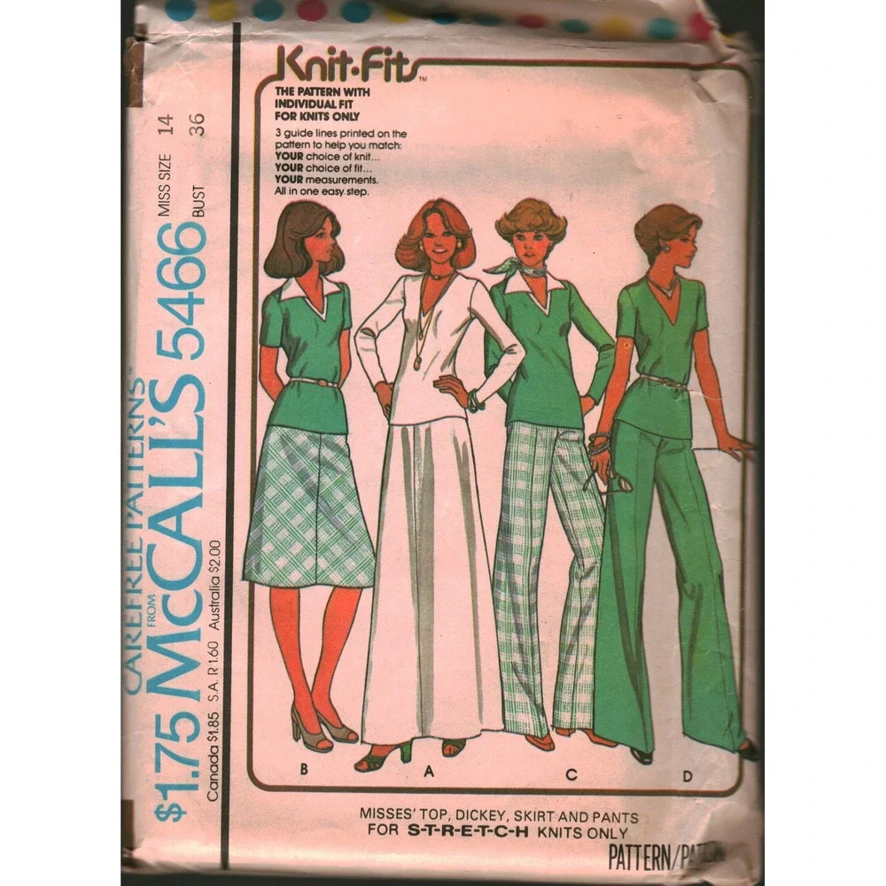 Vintage McCalls 5466 Sewing Pattern Knit-Fits Top Skirt Pants Dickey Size 14 B36